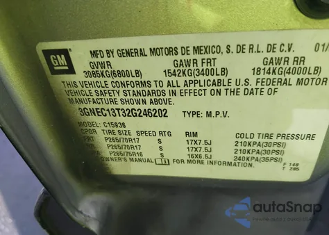 2002 Chevrolet Avalanche 1500 из США, поврежденный, VIN 3GNEC13T32G246202